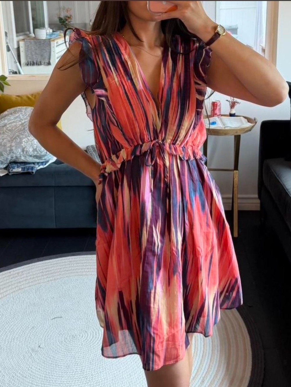 Steve Madden Vibrant Multi-Color Tie-Waist V-Neck Mini Dress - (S)